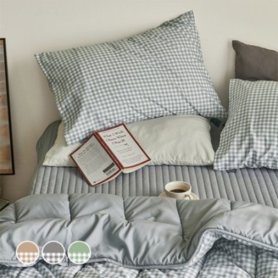 [실온] 쁘리엘르 데일리체크 항균 워싱 차렵침구 3color, 이불+베개커버 세트